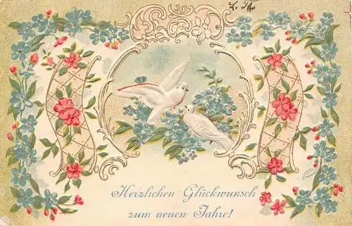 L371 Neujahrsgrüße 1907 Weiße Tauben Blumen geprägt Vintage Postkarte