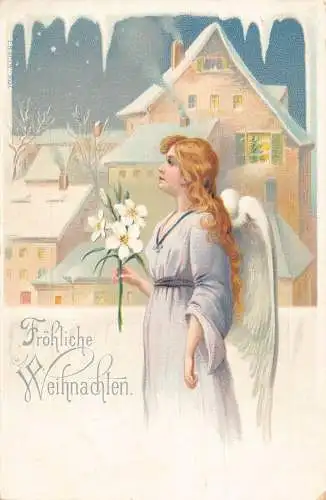 L365 Weihnachtsgrüße Engel Blumen Litho Vintage Postkarte