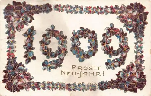 L371 Neujahrsgrüße 1909 Blumen große Zahlen geprägt Vintage Postkarte