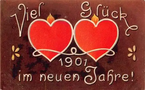 L370 Neujahrsgrüße 1901 2 Herzen Glück Vintage Postkarte