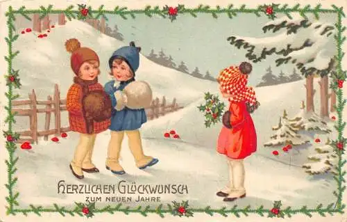 L370 Neujahrsgrüße 1931 spielende Kinder Vintage Postkarte