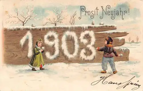 L370 Neujahrsgrüße 1903 Kinder Schneebälle Kampf geprägt Vintage Postkarte