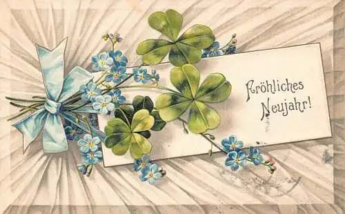 L370 Neujahrsgrüße 1907 Vergissmeinnicht Kleeblatt Glück Vintage Postkarte