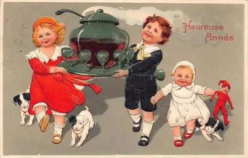 L370 Neujahrsgrüße 1911 Kinder Welpen Punsch Getränk Vintage Postkarte