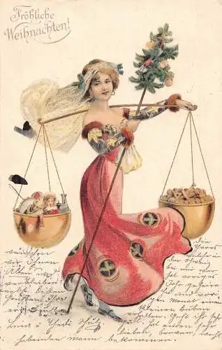 L365 Weihnachtsgrüße 1902 Junge Dame Engel Spielzeug Baum Litho Vintage Postkarte