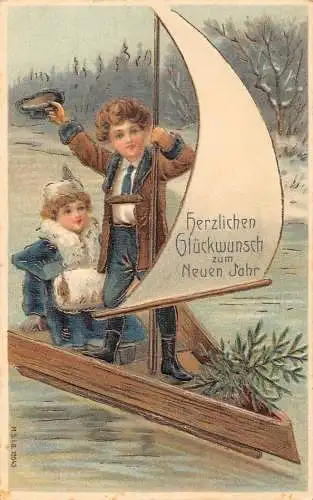 L375 Neujahrsgrüße 1906 Kinder Boot Mistel geprägt Vintage Postkarte