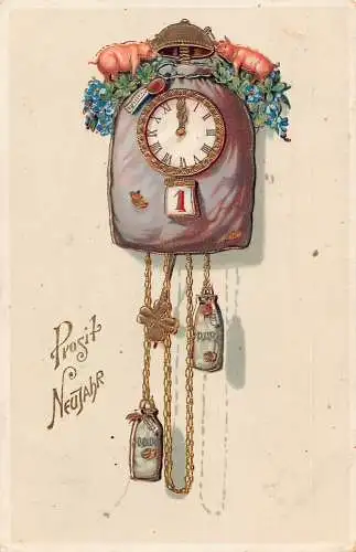 L375 Neujahrsgrüße Uhr Kleeblatt Geldtüten Schweine Vintage Postkarte