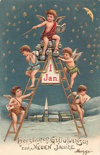 L375 Neujahrsgrüße Cherubs Mond vermenschlichte Geldtüten Vintage Postkarte