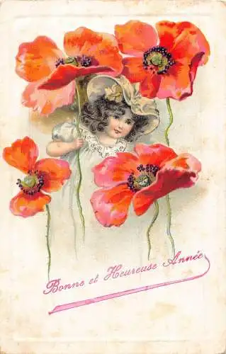 L375 Neujahrsgrüße 1905 Mädchen Mohnblumen Blumen geprägt Vintage Postkarte