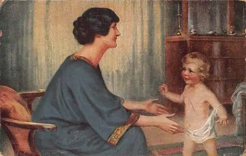 A147 Gemälde Komm mein Liebling Baby erster Spaziergang signiert M Pichon Postkarte