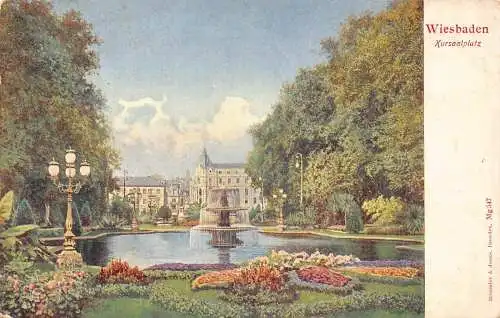 A142 Deutschland Wiesbaden Kursaalplatz Garten Lampe Mast Brunnen Vintage Postkarte