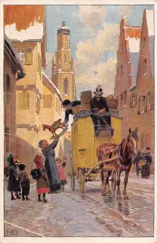 Postboten in Postkutsche teilen Pferdespielzeug an alte Frau Kunst von Paul Hey Postkarte