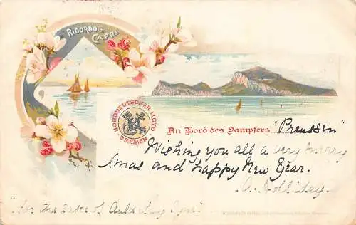 Italien Ricordo di Capri Segelboote Blumen Berg Litho Vintage Postkarte