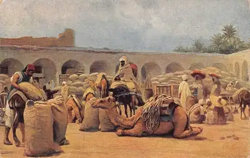 Ägypten Alexandria Karawane Kamele Markt Eingeborene Kunst Vintage Postkarte