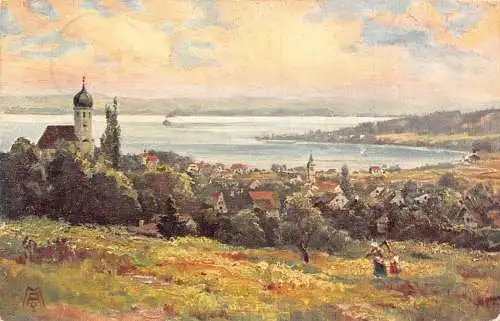 A076 Deutschland 1909 Gemälde signiert Herrsching am Ammersee Lochschwab Postkarte