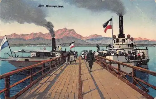 A076 Deutschland 1919 Am Ammersee Dampfschiff Ponton Flaggen Vintage Postkarte