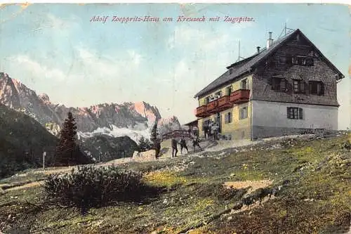 L152 Deutschland Adolf Zoeppritz-Haus am Kreuzeck mit Zugspitze Vintage Postkarte