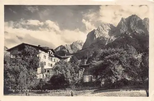 Deutschland 1930 Hotel Post mit Waxenstein u Alpspitze Obergrainau Postkarte
