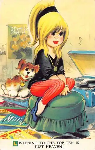 Bamforth Hund kleines Mädchen zuhört Top Ten Pick-Up Beatles Poster Postkarte
