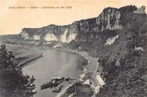 Deutschland Saechs Schweiz Rathen Basteifelsen mit Elbtal Dampfschiff Vintage Postkarte
