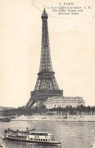 Frankreich Paris Eiffelturm und Seine Dampfschiff Vintage Postkarte