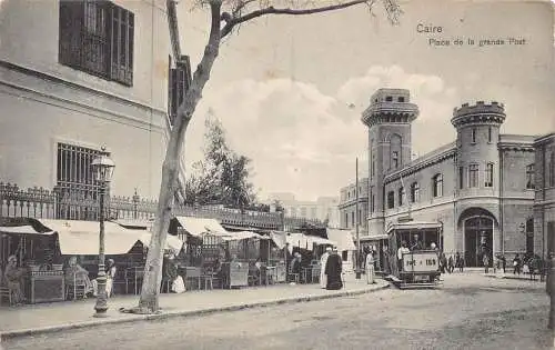 Ägypten Kairo Place de grande Post Restaurant Straßenbahn Vintage Postkarte