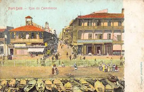 Ägypten Port Said Rue du Commerce Boats Vintage Postkarte