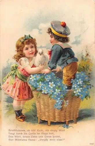 L224 Grüße 1909 Kinder weiße Taube Blumen geprägt Vintage Postkarte