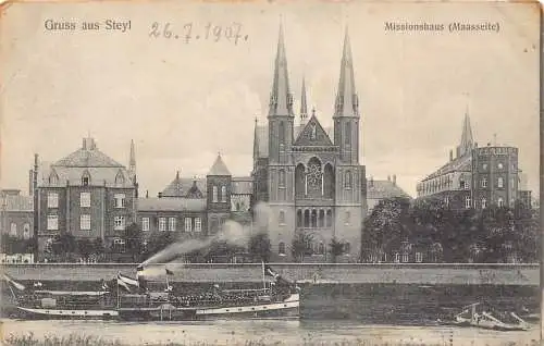 A103 Deutschland 1907 Gruss aus Steyl Missionshaus Dampfschiff Vintage Postkarte