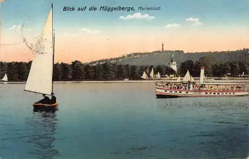 A106 Deutschland 1913 Blick auf die Mueggelberge Dampfschiff Segelboot Postkarte