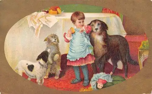 L224 Grüße Mädchen Hunde Puppe Vintage Postkarte