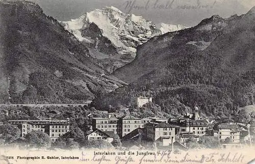 L072 Schweiz 1907 Interlaken und die Jungfrau Berg Vintage Postkarte