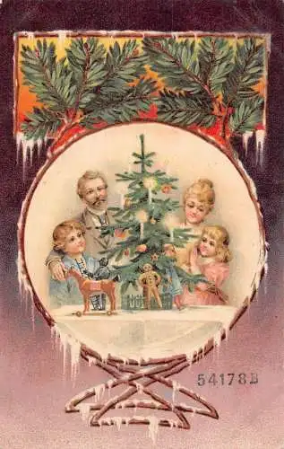 L223 Weihnachtsgrüße Familie um Baum Spielzeug Fantasy Vintage Postkarte