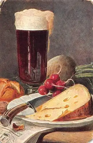 L079 Deutschland 1910 Still Art Käse Bier Messer Künstler signierte Postkarte