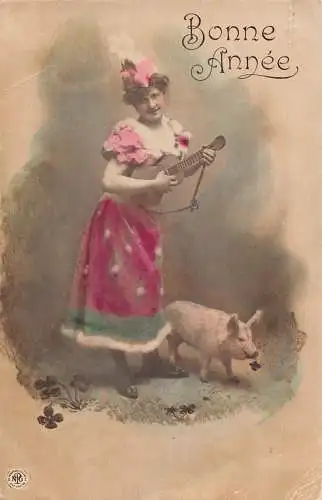 L081 Frankreich Neujahrsdame mit Gitarre Schwein Glück Gruß Postkarte