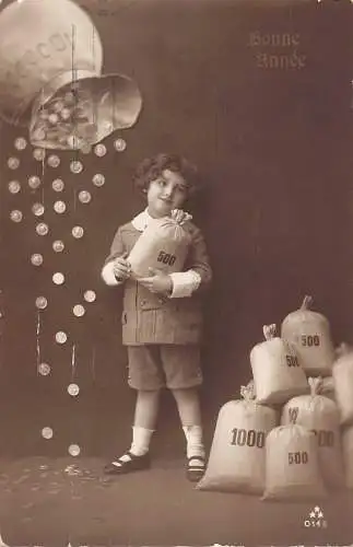 G008 Rumänien 1916 Neujahr Kind Geldtüten Glück Postkarte