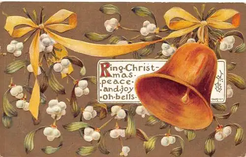 L363 Weihnachtsgrüße 1908 Glocke Mistel geprägte Vintage Postkarte