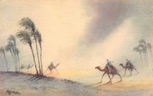 Ägypten 1954 Sandsturm in der ägyptischen Wüste Beduinen Kamele Kunst Vintage Postkarte