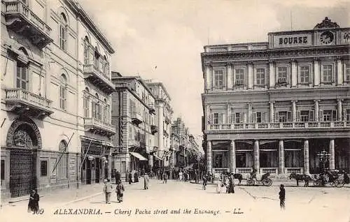 Ägypten Alexandria Cherif Pacha Street and The Exchange Bourse Carriage Postkarte