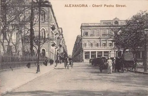 Ägypten Alexandria Cherif Pacha Street Bourse Carriage Vintage Postkarte