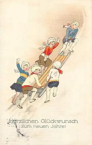 A112 Neujahrsgrüße Kinder im Schnee Schlitten ziehen Vintage Postkarte