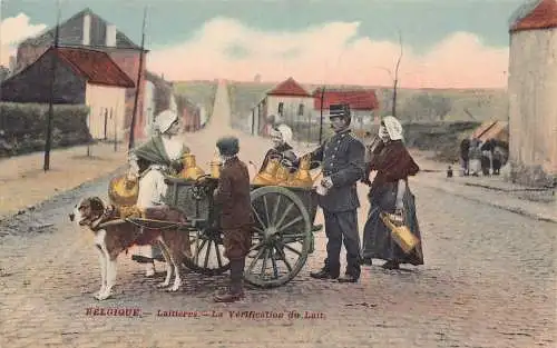 Flämisches Milchmädchen Laitiere Flamande Hund gezogener Wagen Polizeikontrolle Vintage Postkarte