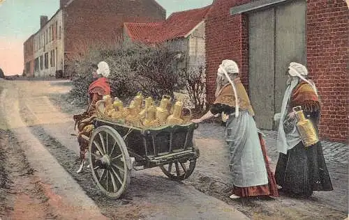 Flämische Milchmädchen Laitiere Flamande Hund gezogen Wagen Vintage Postkarte