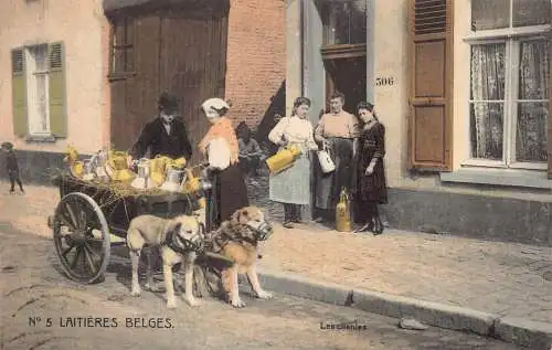 Flämisches Milchmädchen 1920 Laitiere Flamande Hund gezogen Wagen Vintage Postkarte