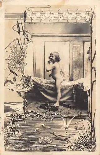 L085 Grüße Lotus Blumen Jugendstil Baby Baden Fantasie Vintage Postkarte