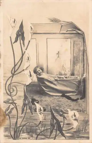 L085 Grüße Blumen Jugendstil Baby Baden Fantasie Vintage Postkarte
