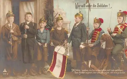 A110 Propaganda 1909 Jungen tragen Pickelhaube Stachelmütze Fahnen Waffe Gedicht Postkarte