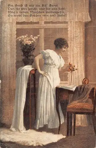 L352 Gruß 1917 Feldpost 1. Weltkrieg Frau in weißen Blumen Tisch Gedicht Zimmer Postkarte