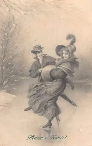 A112 Neujahrsgrüße 1910 Paar Skifahren Romantik Winterlandschaft Postkarte