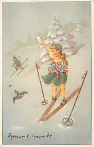 Neujahrsgrüße Kinder Skifahren Heiliger Baum Blumenstrauß Vintage Postkarte